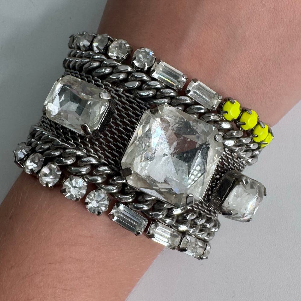 Y2K Juicy Couture Silver Tone Mesh Chain Crystal and Neon Bead Bracelet Whimsey